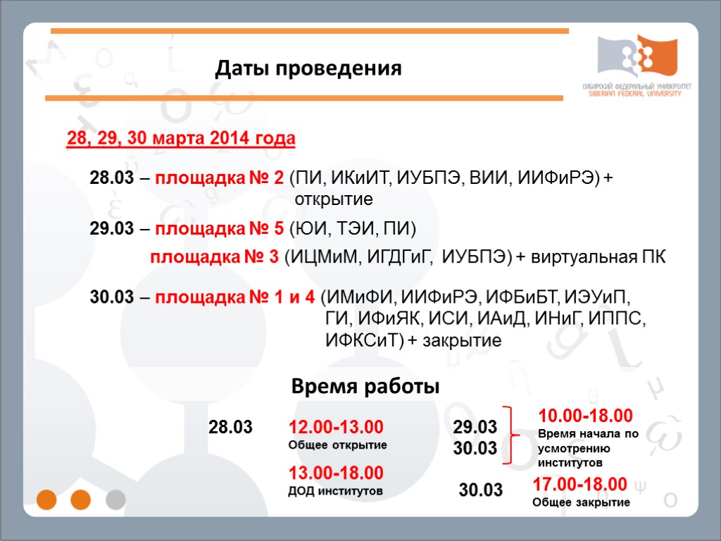 Даты проведения 28, 29, 30 марта 2014 года 28.03 – площадка № 2 (ПИ,